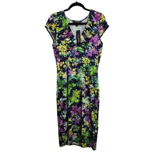 NWT Long Tall Sally Floral Fitted Ruched V Neck Mid Length Dress Size 10